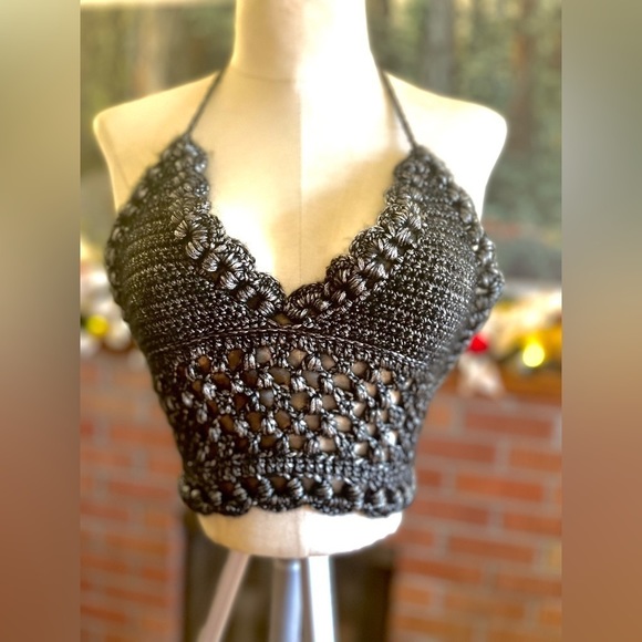 BLACK AND SILVER METALLIC CROCHETED FESTIVAL OR SWIM TOP - Picture 9 of 9